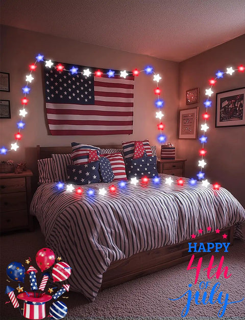Lit 32 8Ft RGB Fairy Lights With 66 Acrylic Star LEDs Plug In App And Remote Control decorating a bedroom for July 4th.