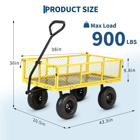 900 Lbs Heavy Duty Garden Wagon Cart With Steel Frame, Removable Mesh Sides, 10 Inch All Terrain Pneumatic Tires, Yellow