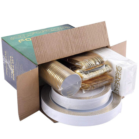 Kick Back Without The Hassle Using This Heavy Duty Gold Disposable Dinnerware Set For 25 Guests with plates, cups, napkins, and silverware.