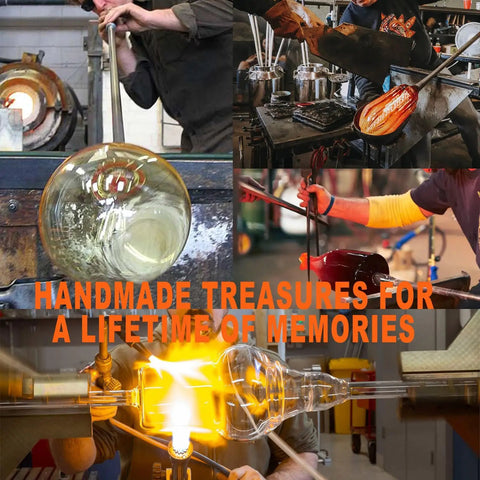 Artisan glassblowing process, showcasing oversized amber glass LED Edison bulb creation with intricate craftsmanship.