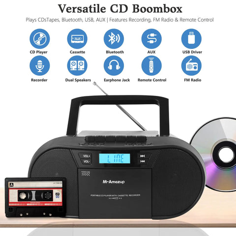 Retro Boombox CD Player And Cassette Player Combo With Bluetooth USB TF Card FM Radio AUX AC DC powered on table