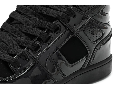 Close-up of Clone Black Patent Silver Men's Skate Shoes Size 10 Medium with reinforced high abrasion uppers for durability.