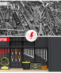 Before and after comparison of tool organization with Six Piece Garage Storage System With Heavy Duty Steel Cabinets Drawers Rolling Chest Pegboard And Workbench For Easy Tool Organization In Black Ideal For Home Garages And Workshop Setups.
