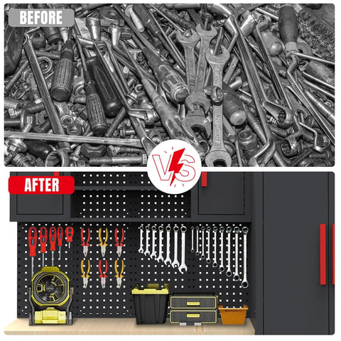 Before and after comparison of tool organization with Six Piece Garage Storage System With Heavy Duty Steel Cabinets Drawers Rolling Chest Pegboard And Workbench For Easy Tool Organization In Black Ideal For Home Garages And Workshop Setups.