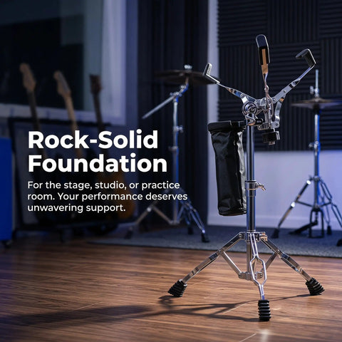 Hardcore Adjustable Snare Drum Tripod Stand With Double Braced Alloy Frame And Drumstick Pouch for stable support in practice.