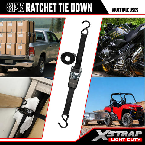Eight Pack 1 Inch Wide By 10 Foot Ratchet Tie Down Straps Heavy Duty With 900 Pound Break Strength And 300 Pound Working Load Limit Each