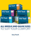 Six Easy Touch U-100 insulin syringe boxes in blue packaging, each box labeled 100 syringes