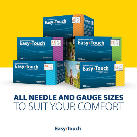 Six Easy Touch U-100 insulin syringe boxes in blue packaging, each box labeled 100 syringes