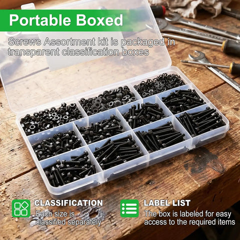 Workhorse M3 Screw Assortment Kit Featuring 1015 Hex Socket Cap Head Screws straight up in organized portable box.