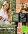 Woman using Rechargeable Two Zone Water Timer For Garden And Lawn, IPX6 Sprinkler Controller with rain delay