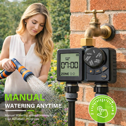 Woman using Rechargeable Two Zone Water Timer For Garden And Lawn, IPX6 Sprinkler Controller with rain delay