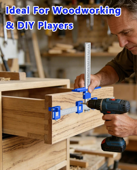 Heavy Duty Cabinet Hardware Jig And Pull Handle Template Featuring Exact Imperial Metric Readouts And Integrated Center Punch in use for drawer installation.