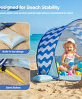 Pop Up Baby Beach Tent With UPF 50+ Canopy, Portable Sun Shade For Infants And Toddlers, Wind Resistant Base, Blue Wave Stripes