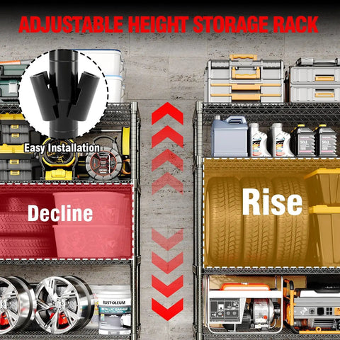 Close-up of Heavy-Duty 4-Tier Adjustable Steel Storage Rack with Lockable Wheels, showing tires, tools, and equipment.