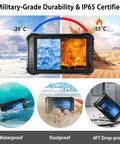 Tough As Nails Eight Inch Windows 10 Industrial Tablet With Mil Spec Rugged Build And IP65 Waterproof Rating showcasing waterproof, dustproof, and drop-proof features.