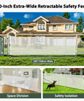 Heavy Duty Retractable Baby Gate And Dog Barrier With Slick Glide Action Covers Hella Wide Openings For Garages Driveways Living Rooms Provides No Fuss Everyday Safety In White installed outdoors covering 200 inches.