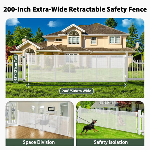 Heavy Duty Retractable Baby Gate And Dog Barrier With Slick Glide Action Covers Hella Wide Openings For Garages Driveways Living Rooms Provides No Fuss Everyday Safety In White installed outdoors covering 200 inches.