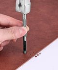 Using Leather Hole Punch Set With Hollow Punch Tools on brown leather for crafting precise holes, showing knurled grip and punch in action.