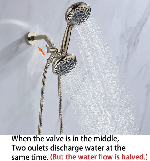 High Pressure Dual Shower Head With Handheld, 6x6 Spray Modes Shower Head Combo, Polished Gold Finish, dual water flow