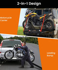 600LBS Motorcycle Carrier Hitch Mounted Rack With Loading Ramp Wheel Chock And Straps Beefy Heavy Duty Steel Hauler For Car Truck SUV RV Anti Tilt Scooter Dirt Bike Transport showcasing two motorcycles, one loaded on an SUV and another being loaded onto a van using a ramp.