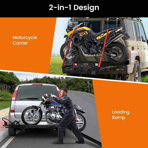 600LBS Motorcycle Carrier Hitch Mounted Rack With Loading Ramp Wheel Chock And Straps Beefy Heavy Duty Steel Hauler For Car Truck SUV RV Anti Tilt Scooter Dirt Bike Transport showcasing two motorcycles, one loaded on an SUV and another being loaded onto a van using a ramp.