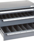 Three-Drawer End Mill Dispenser Cabinet For Fractional Sizes From One Eighth To One Inch, Shop-Ready Tough Steel With Epoxy Finish, Labeled Compartments