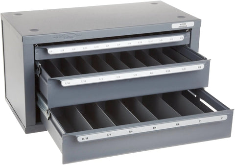 Three-Drawer End Mill Dispenser Cabinet For Fractional Sizes From One Eighth To One Inch, Shop-Ready Tough Steel With Epoxy Finish, Labeled Compartments