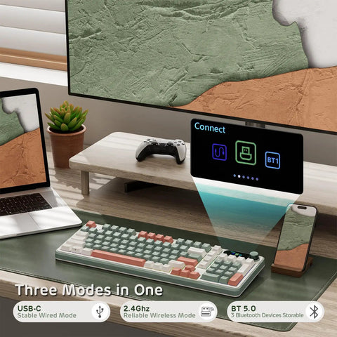 Slick Wireless Mechanical Keyboard With Integrated Smart Screen And Twist Knob For Rock Solid Triple Mode Connection And Total Fire Rgb Backlighting For Serious Gamers And Daily Hustlers Seeking A Clean Setup in modern workspace with devices.