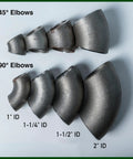 Assorted steel pipe elbows including 2 Inch Schedule 40 Carbon Steel Pipe Elbow 90 Degree Weld Ready With Standard Mill Finish 5 Pack