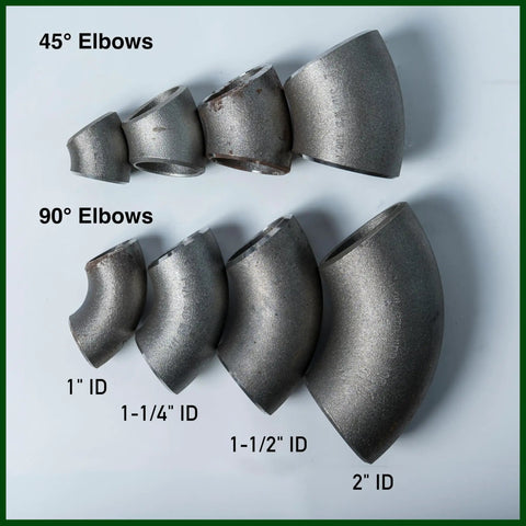 Assorted steel pipe elbows including 2 Inch Schedule 40 Carbon Steel Pipe Elbow 90 Degree Weld Ready With Standard Mill Finish 5 Pack