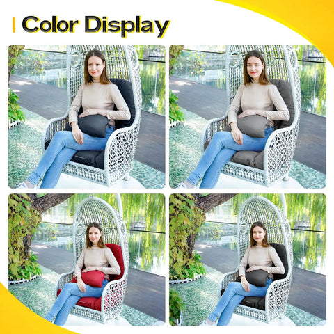 Egg Chair Cushion With Memory Foam For Hanging Indoors Or Outdoors, shown in multiple colors on a white wicker chair
