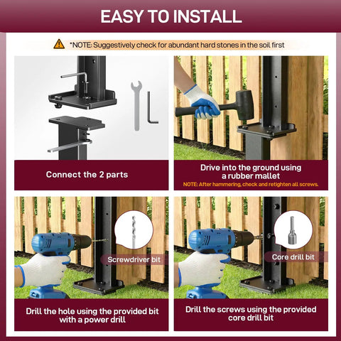 Easy installation steps for Fence Post Repair Kit, 4-Piece Heavy Duty Ground Stakes, Robust Quick Fix Wood Support.