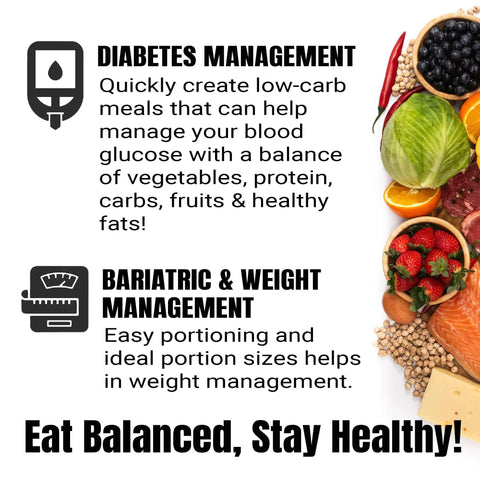 Graphic with text on diabetes and weight management beside healthy foods for Porcelain Portion Control Plate Set Of 2 9 Point 3 Inch Divided Dinner Plates For Weight Loss And Mindful Eating Meal Prep Ready Healthy My Plate Style Plates For Adults Great For Weight Watchers