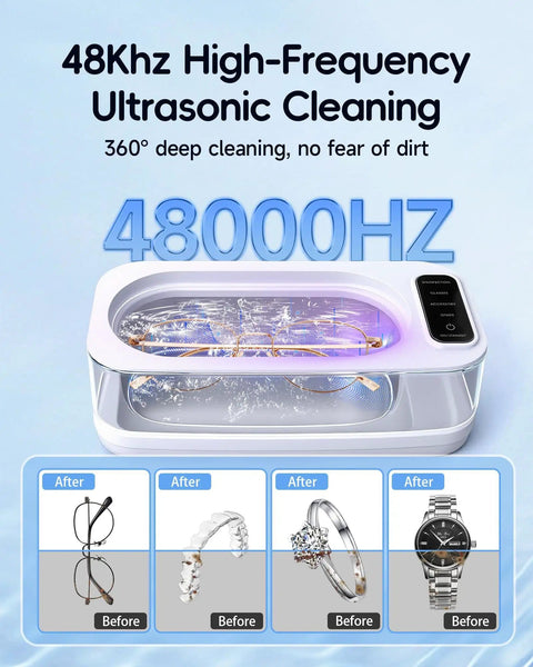 Image showing 48KHz Ultrasonic Jewelry Cleaner Machine with four cleaning modes for eyeglasses, jewelry, and more, 304 stainless steel tank.