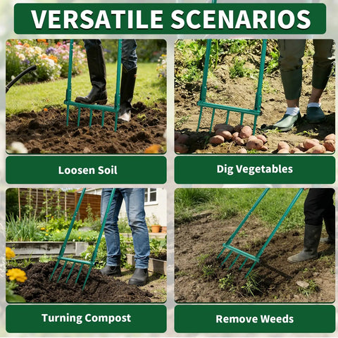 Beefy Five Tine Broad Fork Garden Tool with Extra Long 11.8 Inch Tines in various yard work scenarios