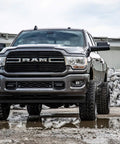 Front view of a Ram 2500 with the Two And A Half Inch Suspension Leveling Kit For 2014 2024 Ram 2500 3500 Four Wheel Drive