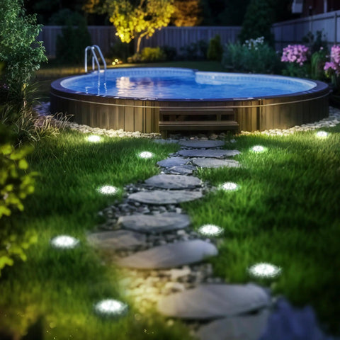 Pathway leading to above-ground pool with Six Pack Solar Pool Lights For Above Ground Pools Waterproof LED Outdoor Pool Lights Easy Nighttime Safety Illumination Cool White Decoration Set Of Six Energy Saving Quick Install
