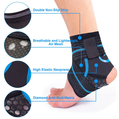 Close-up of AquaFlex Pro Ankle Brace Compression Sleeve For Water Sports with labels highlighting features like air mesh and anti-skid matrix.