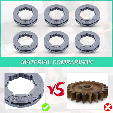 Six Pack.325 Inch Sprocket Drive Rim Kit With 7 Tooth Spline 19mm Small, comparison with old gear, six metal rims.