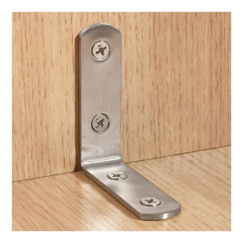 Heavy Duty L Shape Corner Brackets For Wood Furniture And Bedframes Keep Your Carpentry Tight With These Straight Up Stainless Steel 90 Degree Mounts In A Ten Pack, showcasing a 100mm stainless steel bracket attached to wood.