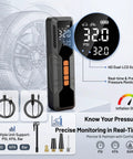 Ride Ready Cordless Car Tire Inflator And Portable Air Compressor Featuring Hella Smooth Operation 6000 mAh Quick Fill Pump with dual-LCD screen.