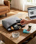 Smell Proof Bag With Combination Lock Odor Proof Container With Carbon Lining for home use on table, storing various items.