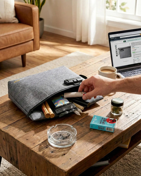 Smell Proof Bag With Combination Lock Odor Proof Container With Carbon Lining for home use on table, storing various items.