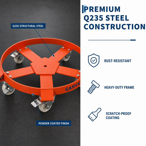 Heavy Duty 55 Gallon Drum Dolly Non Tipping With Steel Frame And Powder Coated Finish, 1,250 Lbs Capacity, Rust Resistant Cross Braces Prevent Warping, Industrial Drum Transport Tool, orange steel frame with casters