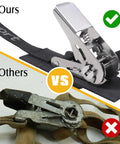 Comparison of stainless steel ratchet boat tie down strap with waterproof rustproof marine grade against a worn-out strap.