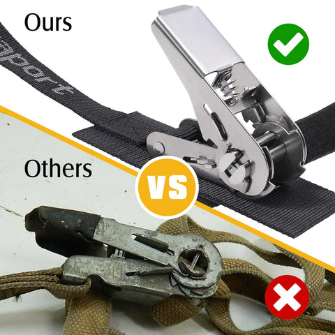 Comparison of stainless steel ratchet boat tie down strap with waterproof rustproof marine grade against a worn-out strap.