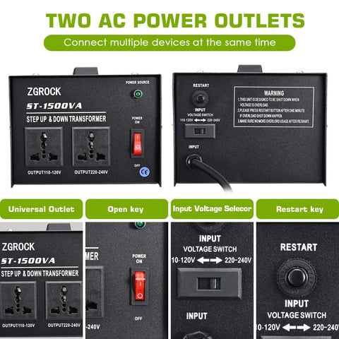 Heavy Duty 1500W Voltage Converter Transformer For 110V To 220V And 220V To 110V With Dual Circuit Breaker Protection, outlet detail