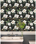 Vintage Floral Peel And Stick Wallpaper Black White And Green Removable Repositionable Textured Matte Finish Washable in bathroom