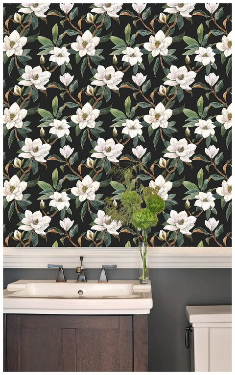 Vintage Floral Peel And Stick Wallpaper Black White And Green Removable Repositionable Textured Matte Finish Washable in bathroom
