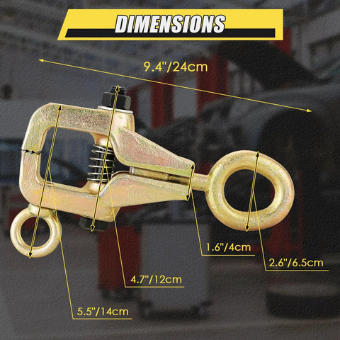 Front view of auto body repair pull clamp, 5-ton, 2-way frame with self-tightening grips, gold metal finish